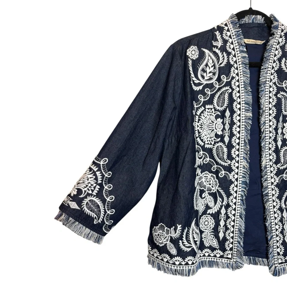 Soft Surroundings Mesaria Jacket Embroidered‎ Dark Denim Open Front Large 2GN81